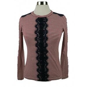 J Crew Womens Linen Blend Red White Striped Black Lace T Shirt Blouse XXS